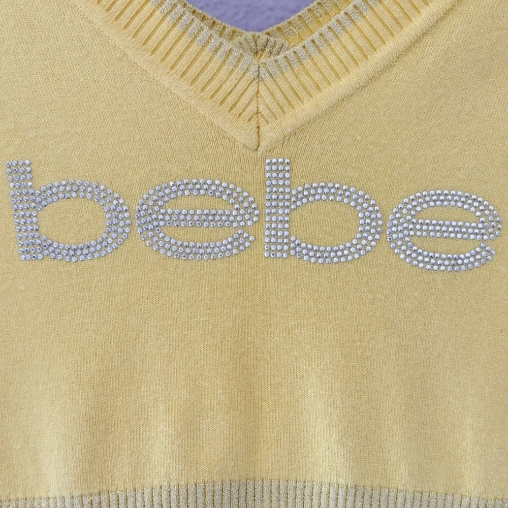 Bebe Y2K Yellow Rhinestone Logo V Neck Sweater Top Metallic Striped - Picture 2 of 4